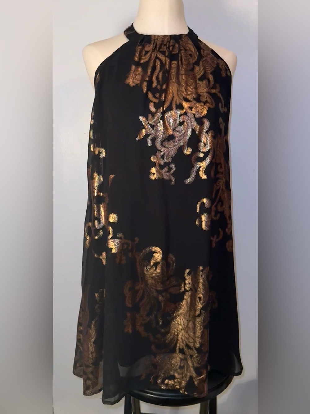 One Clothing Black Sheer Overlay Metallic Gold Foil Halter Cocktail Dress